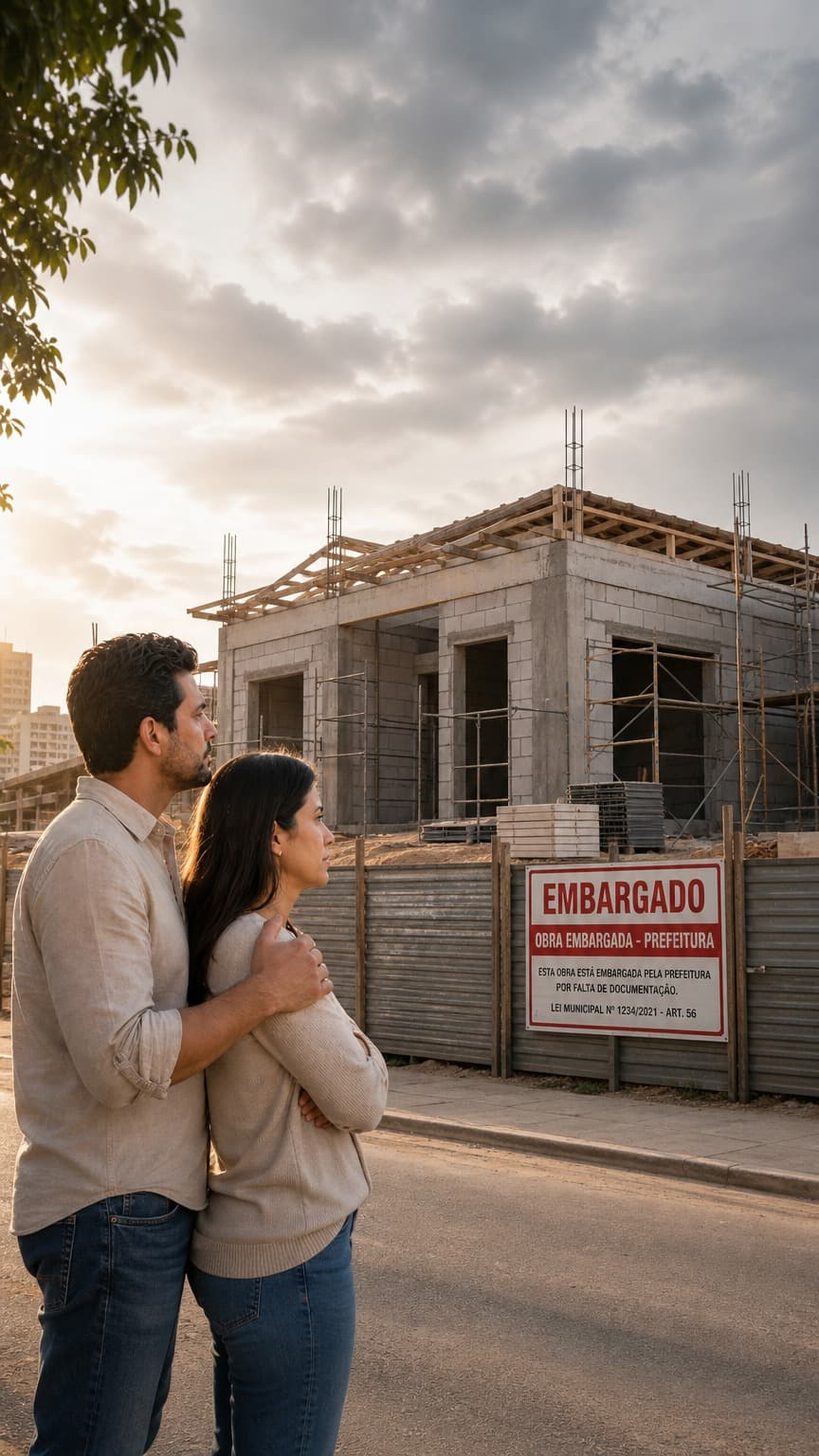 Casal diante de uma obra embargada por falta de documentação